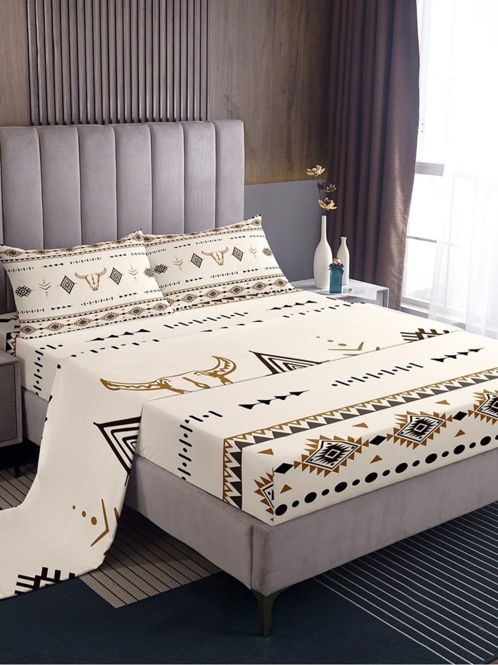 Erosebridal 4Pc King Size Southwestern Boho Aztec Ethnic Horns Bedding Set